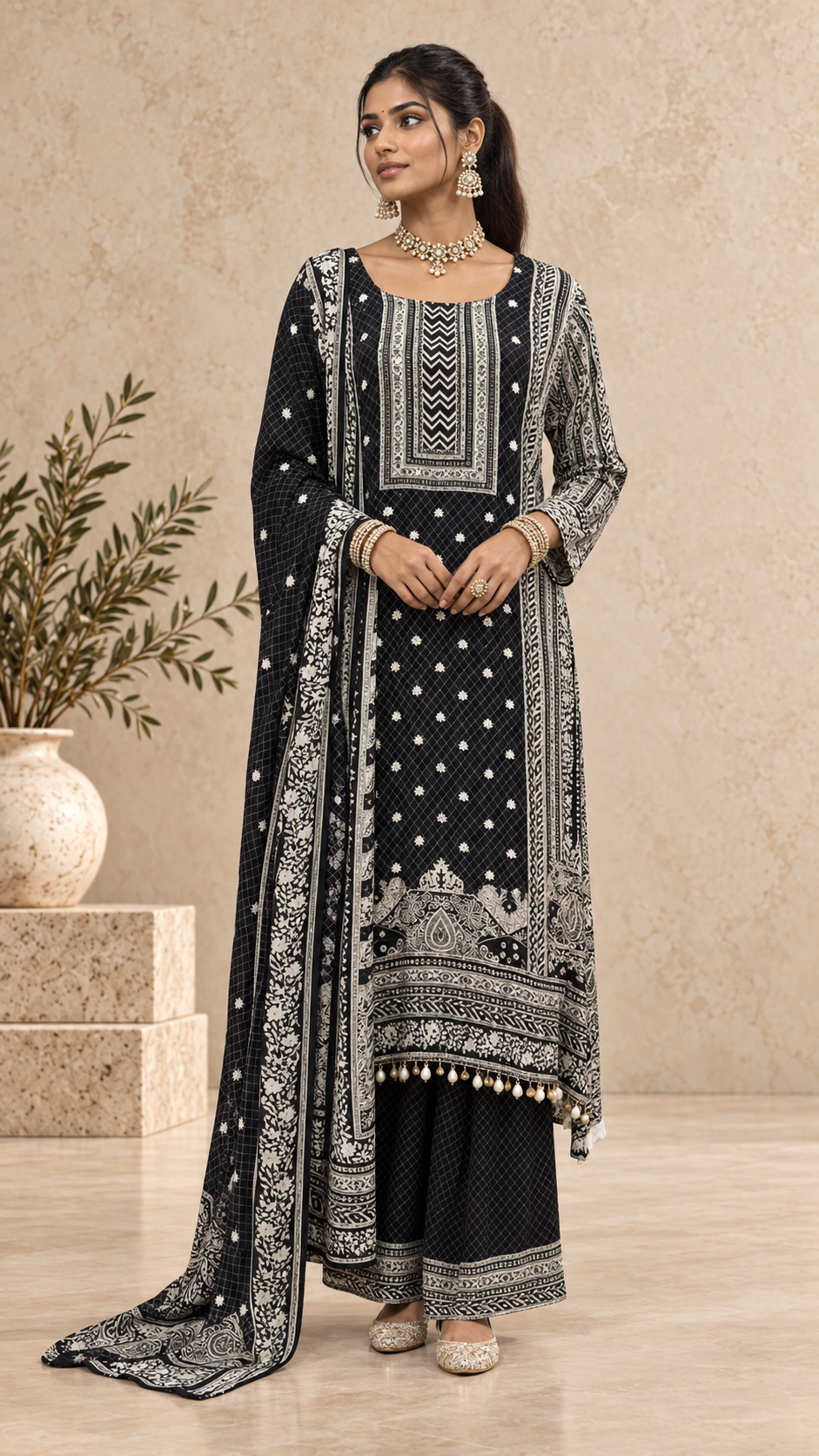 Black Printed Crepe Punjabi Set