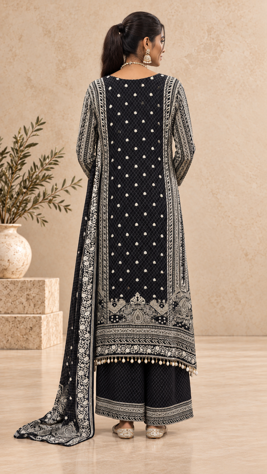 Black Printed Crepe Punjabi Set