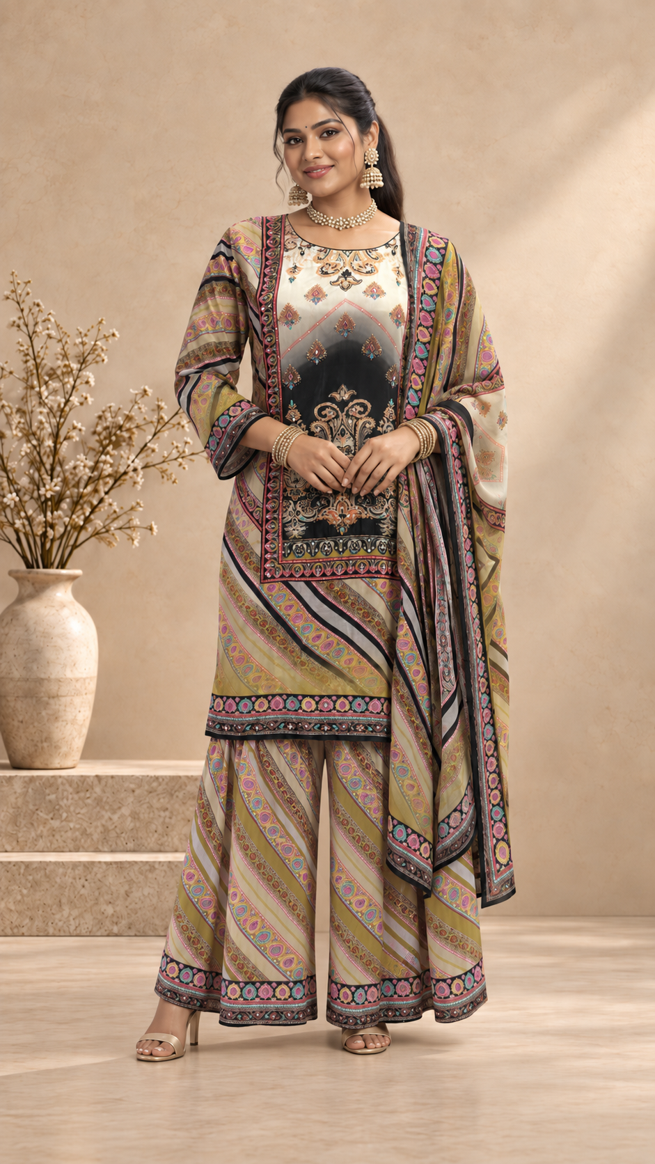 Olive Green Colourful Printed Crepe Sharara Set