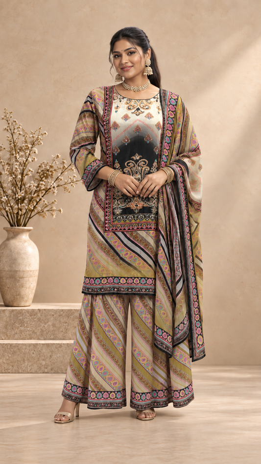 Olive Green Colourful Printed Crepe Sharara Set