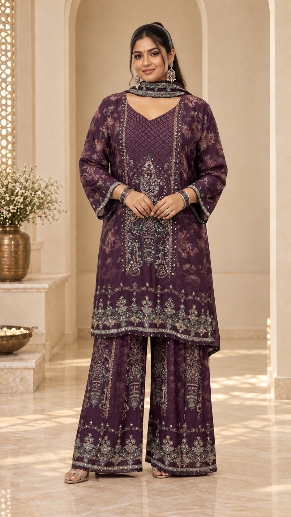 Purple Printed Crepe Sharara Set