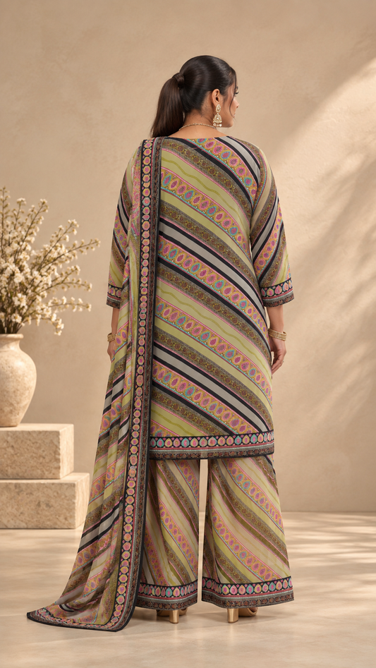 Olive Green Colourful Printed Crepe Sharara Set