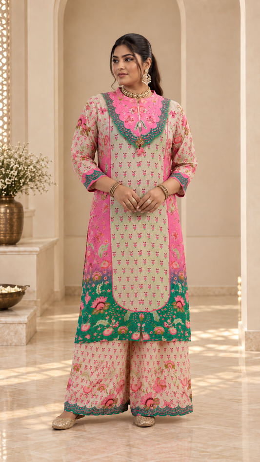 Colourful Printed Chinon Silk Punjabi Set