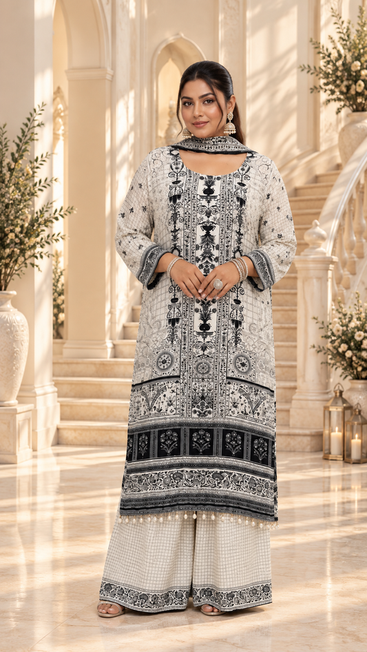 White & Black Soft Crepe Sharara Set