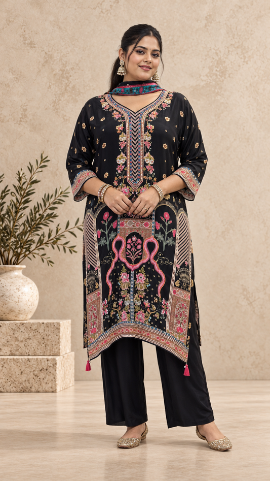 Black Colourful Printed Crepe Punjabi Set