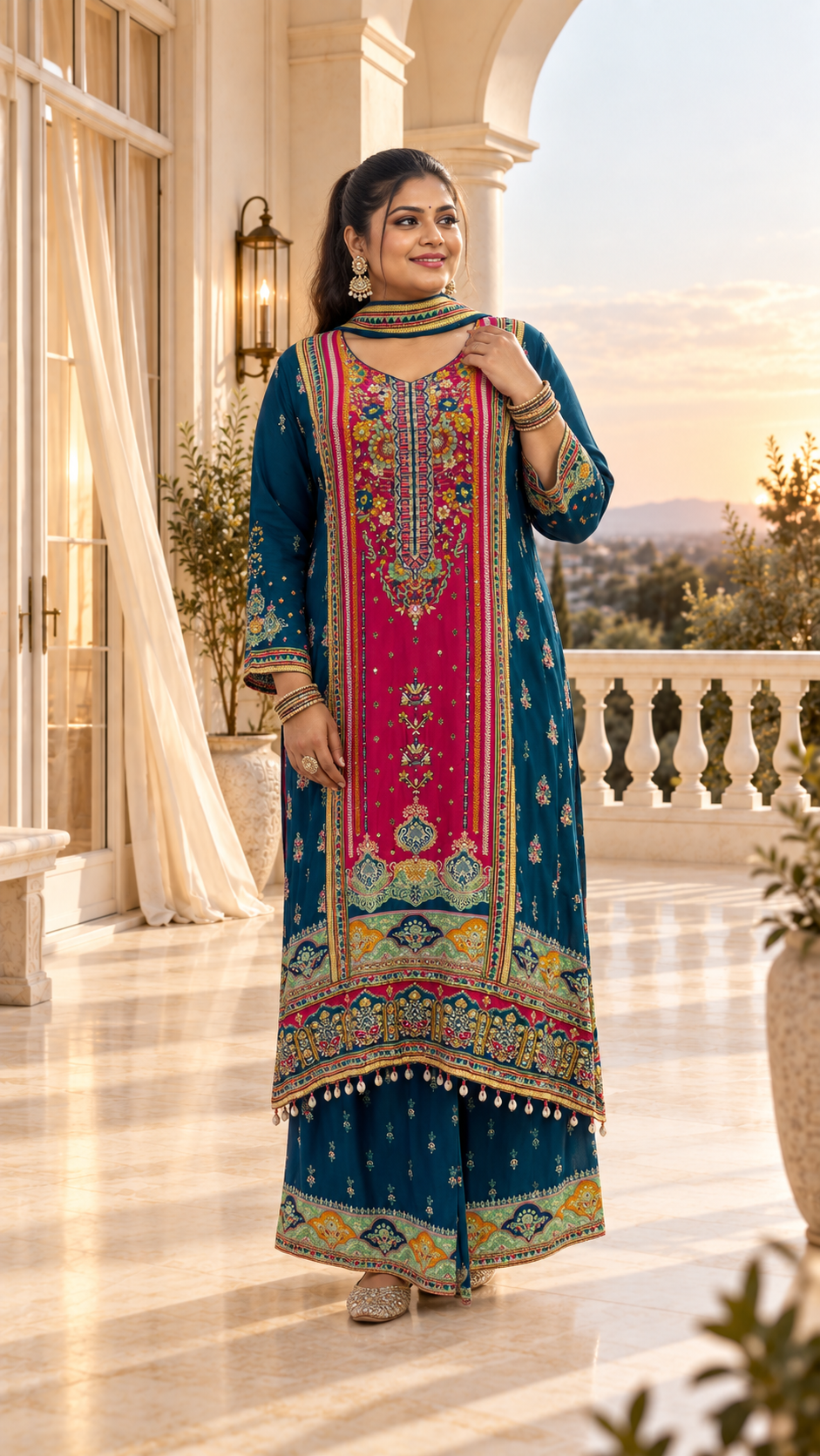 Blue Colourful Printed Crepe Sharara Set
