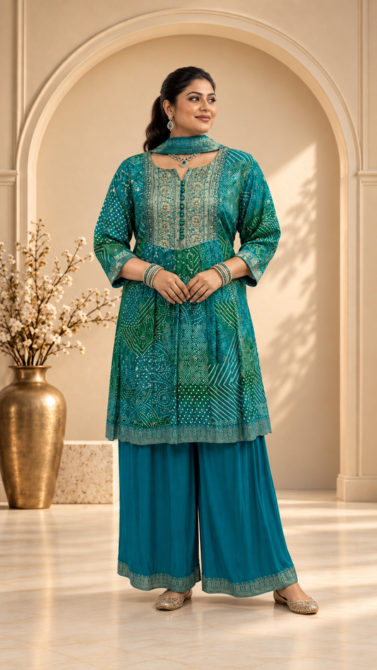 Blue Tie-Dyed Chinon Silk Punjabi Set