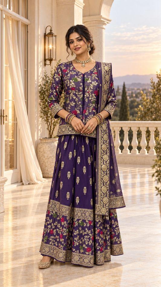 Purple Floral Georgette Sharara Set