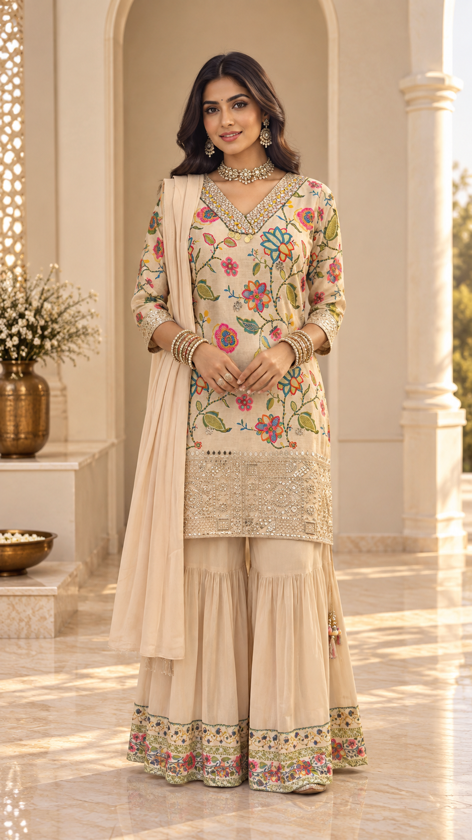 Beige Floral Printed Sharara Set