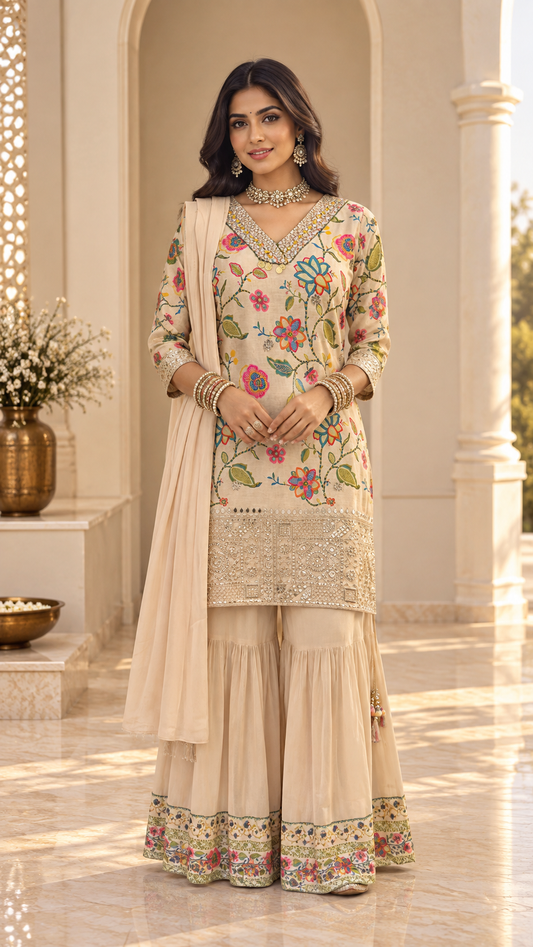 Beige Floral Printed Sharara Set