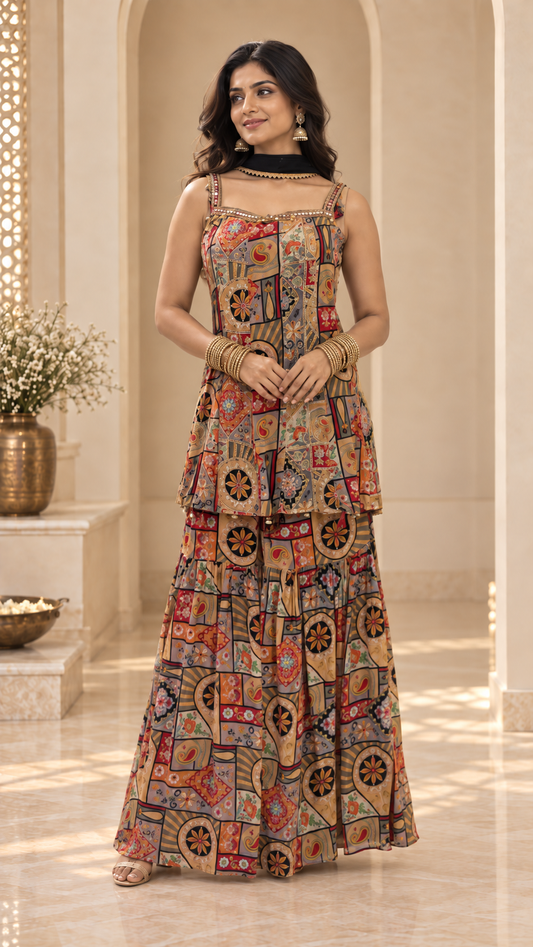 Black Colorful Printed Georgette Plazo Set