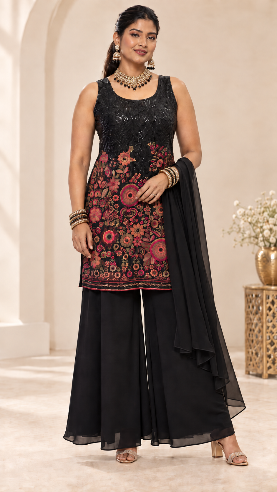 Black Sequence with Floral Embroidery Sharara Set