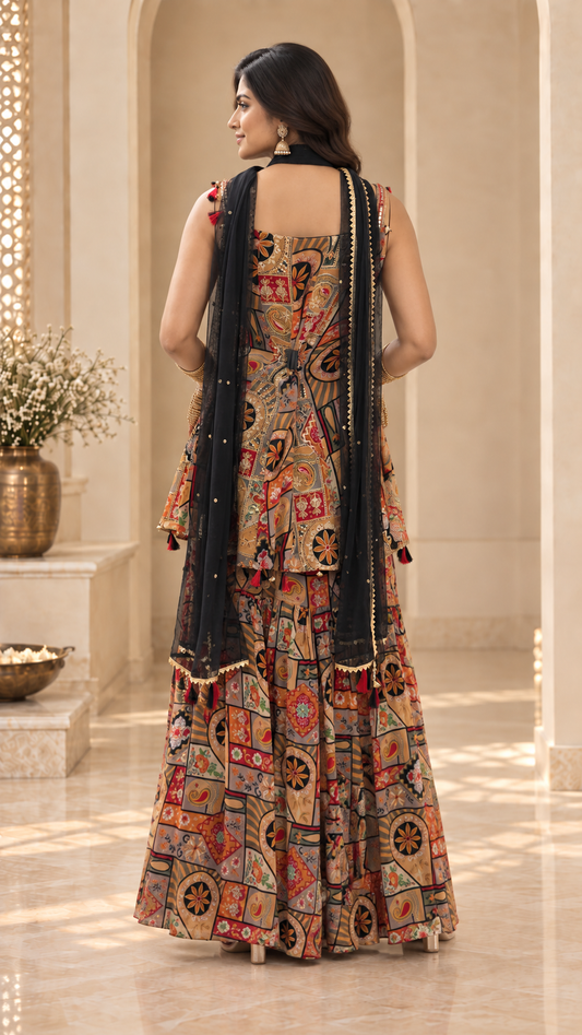 Black Colorful Printed Georgette Plazo Set