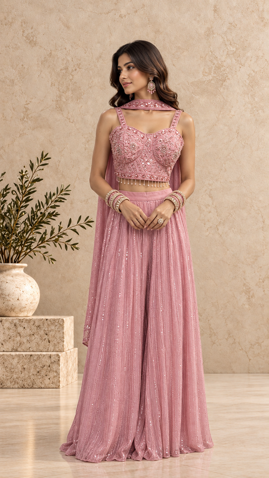 Dusty Pink Beaded Corset Crimped Sharara Set