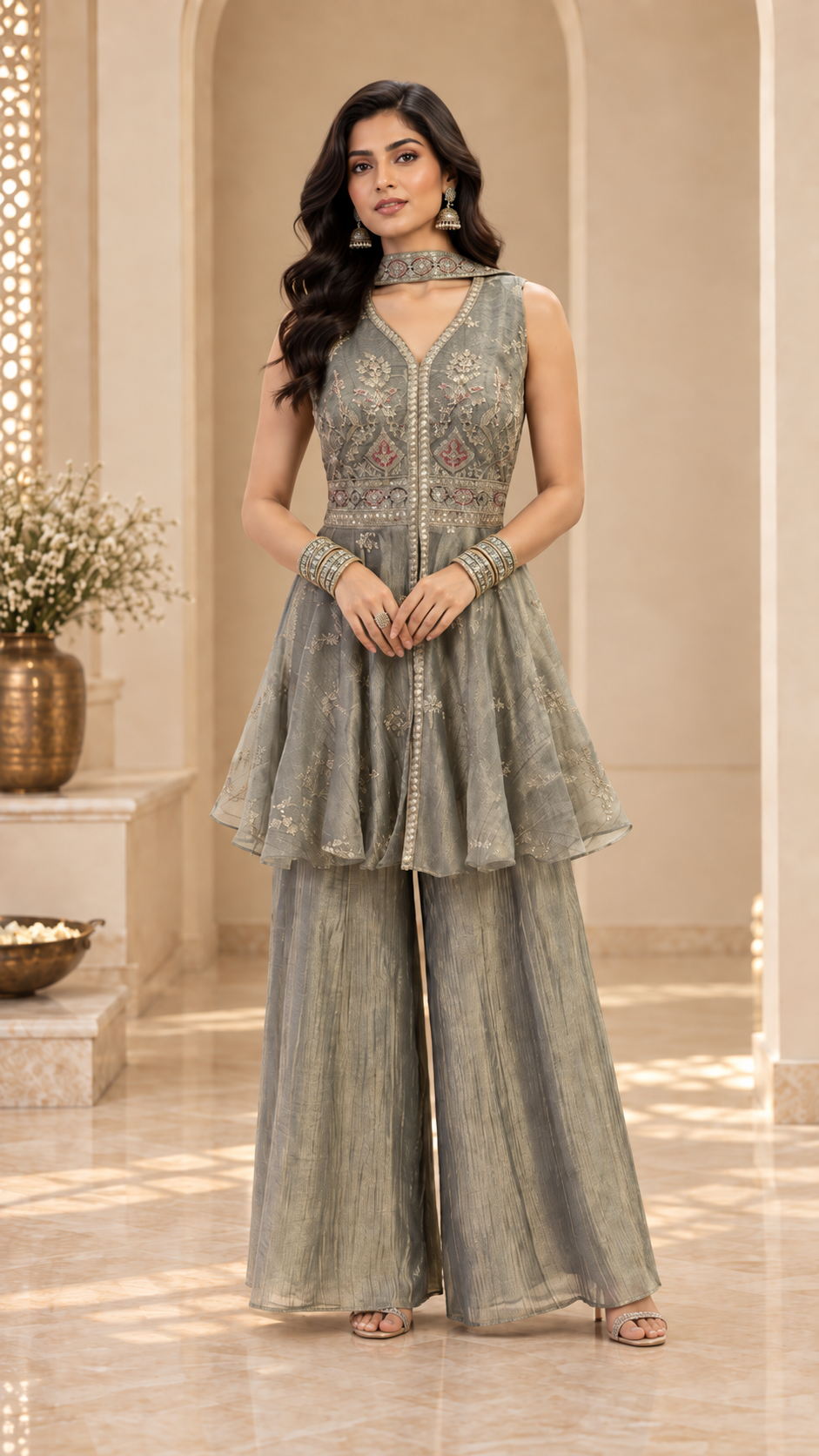 Olive Green Organza Sharara Set