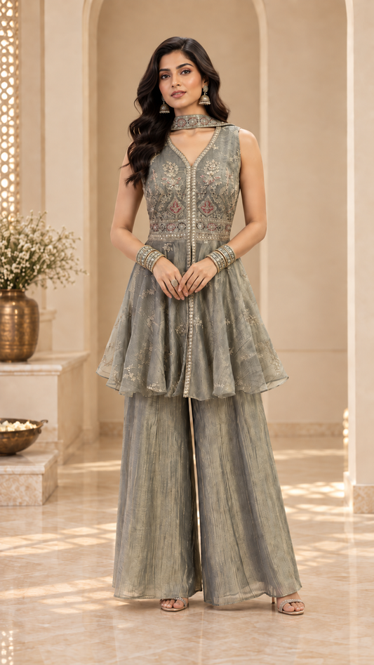 Olive Green Organza Sharara Set