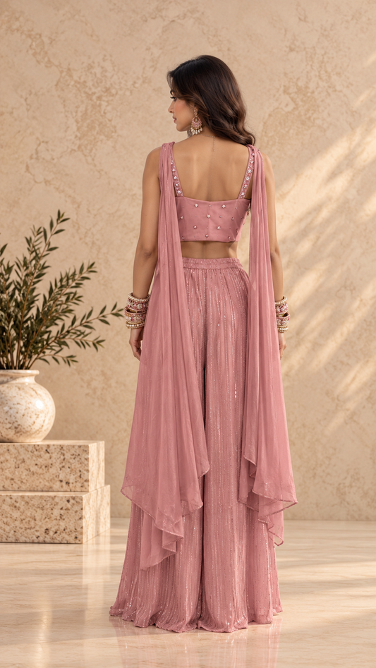 Dusty Pink Beaded Corset Crimped Sharara Set