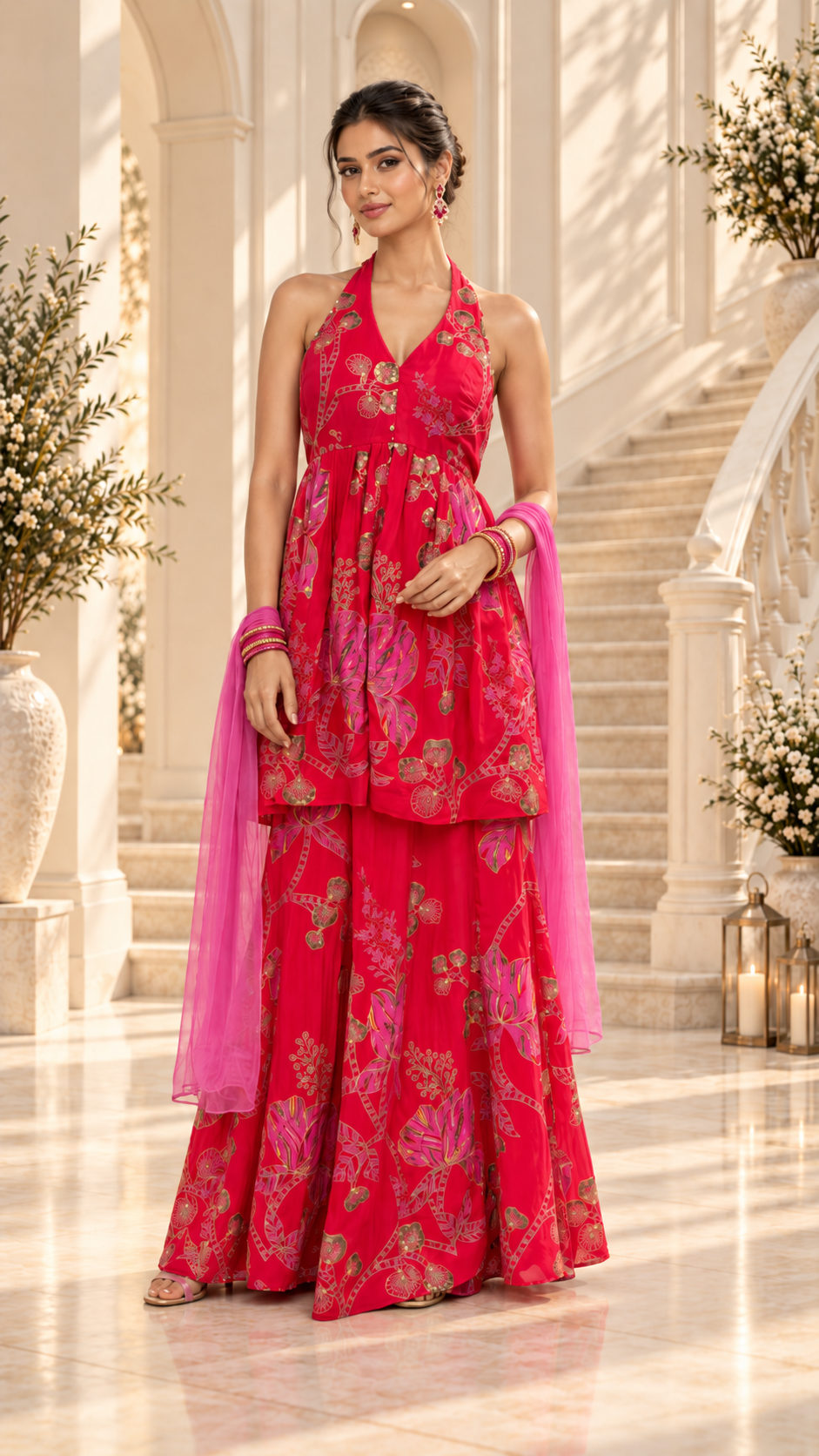 Pink Floral Printed Crepe Halter Sharara Set