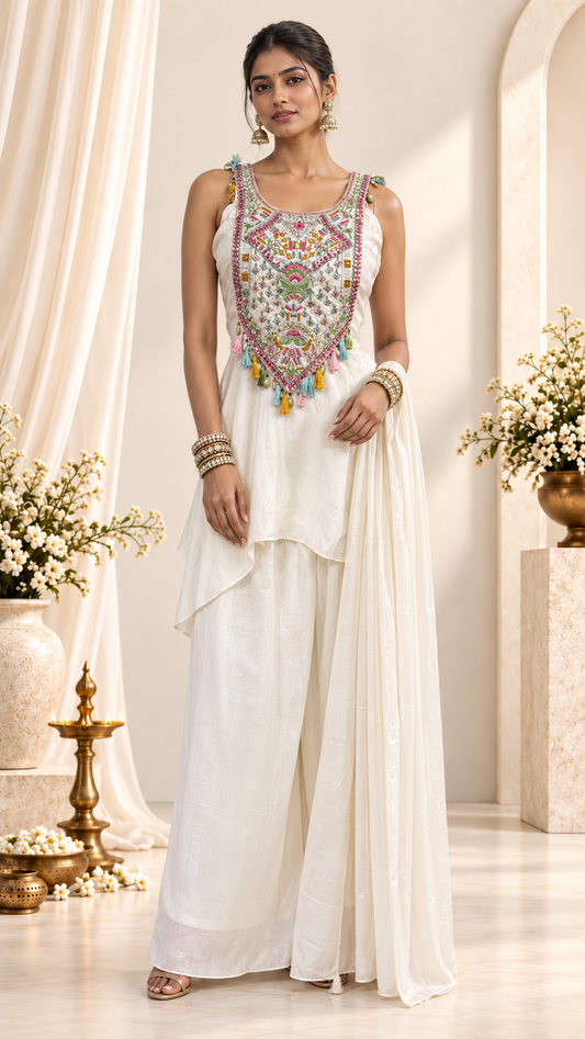 White Georgette Plazo Pants with Embroidery Sharara  set