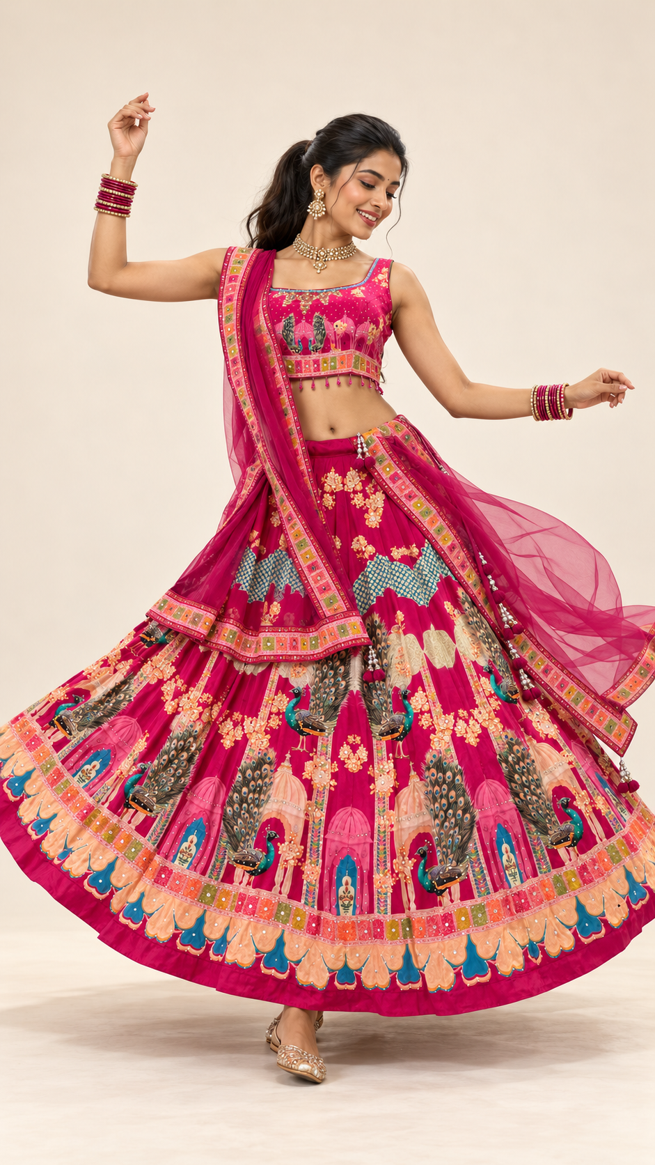 Pink Peacock Printed Fully Flare Crepe Lehenga