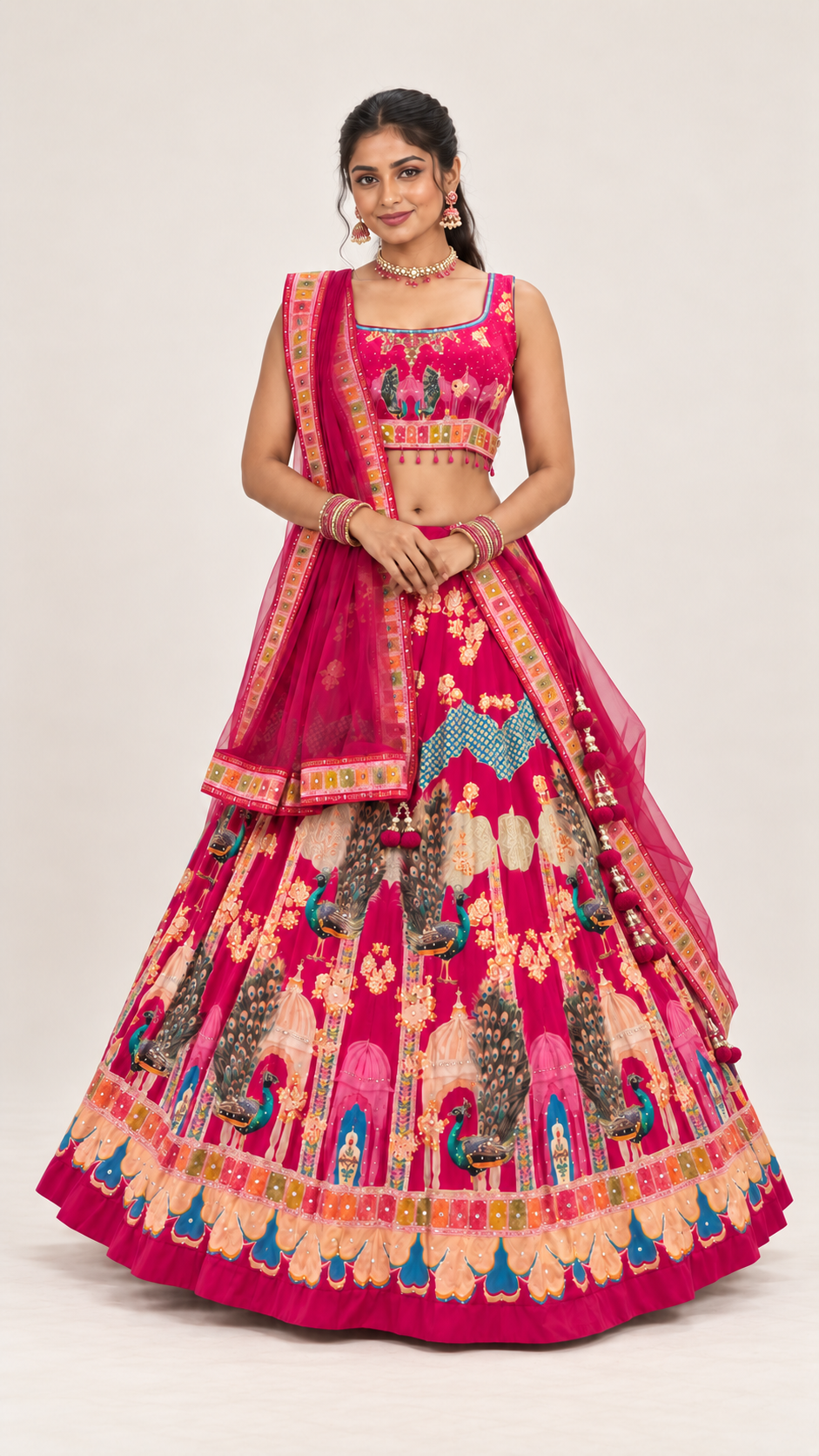 Pink Peacock Printed Fully Flare Crepe Lehenga
