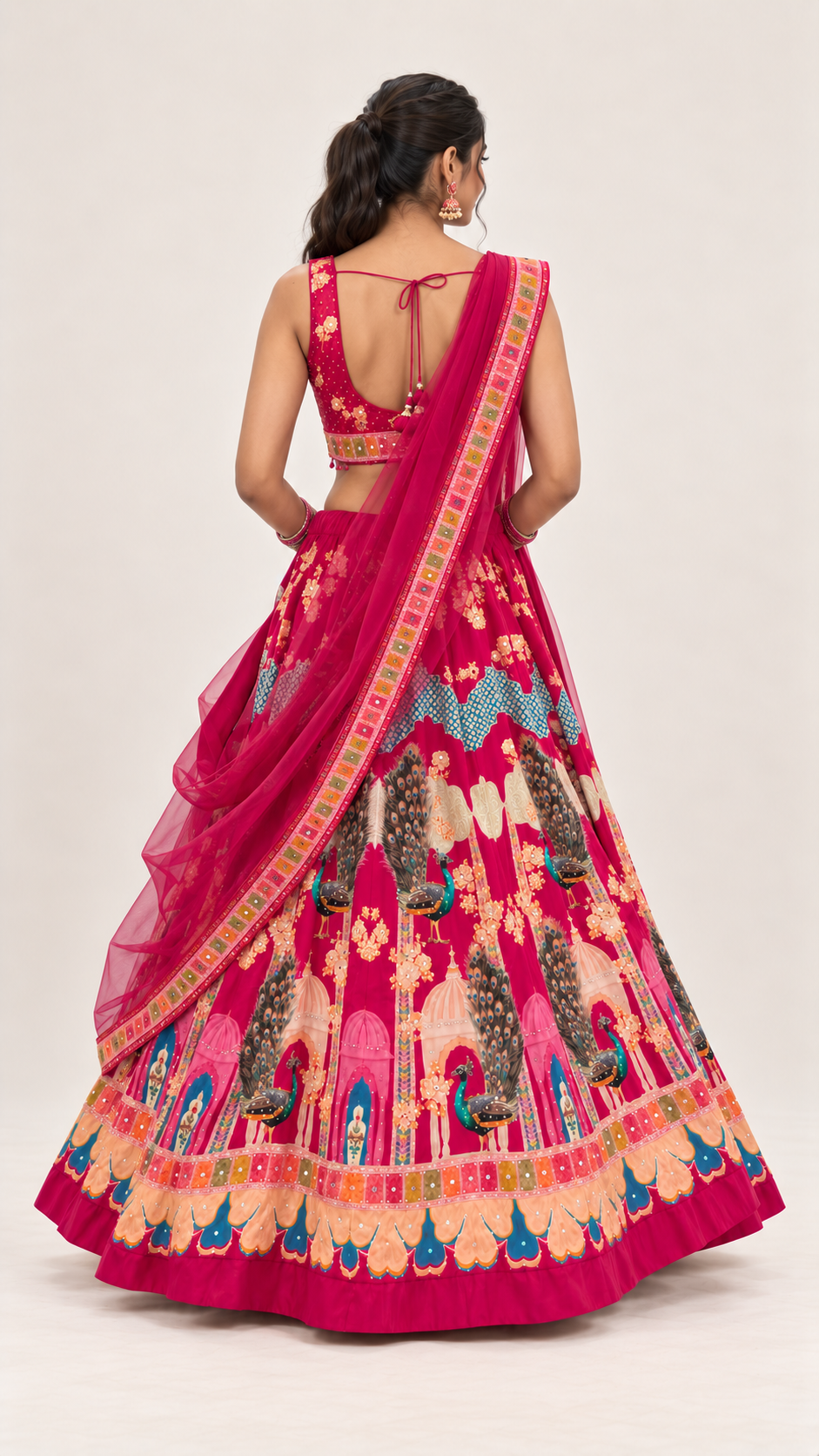 Pink Peacock Printed Fully Flare Crepe Lehenga