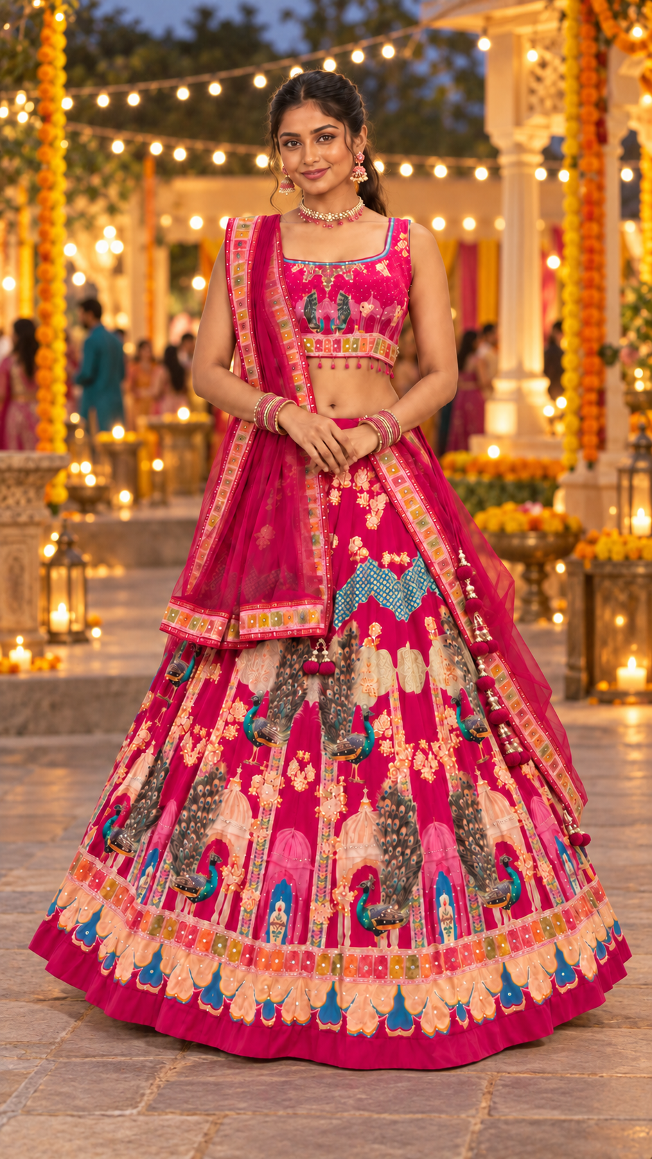 Pink Peacock Printed Fully Flare Crepe Lehenga