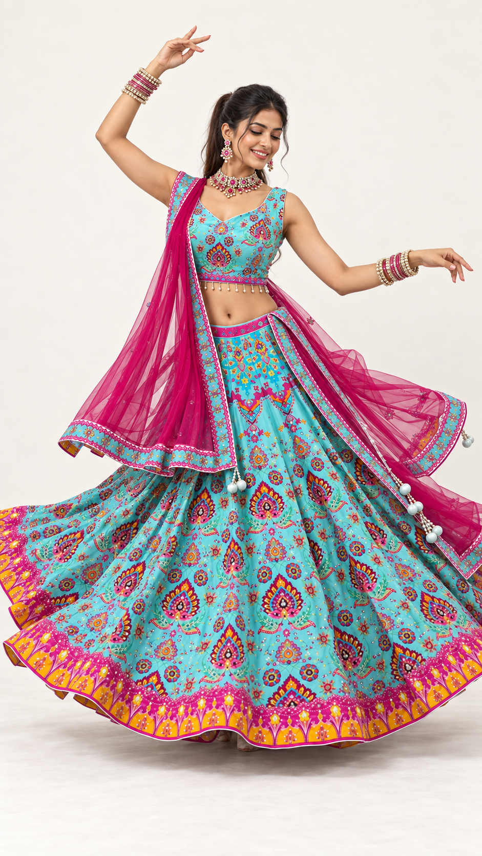 Blue Printed Fully Flare Crepe Lehenga