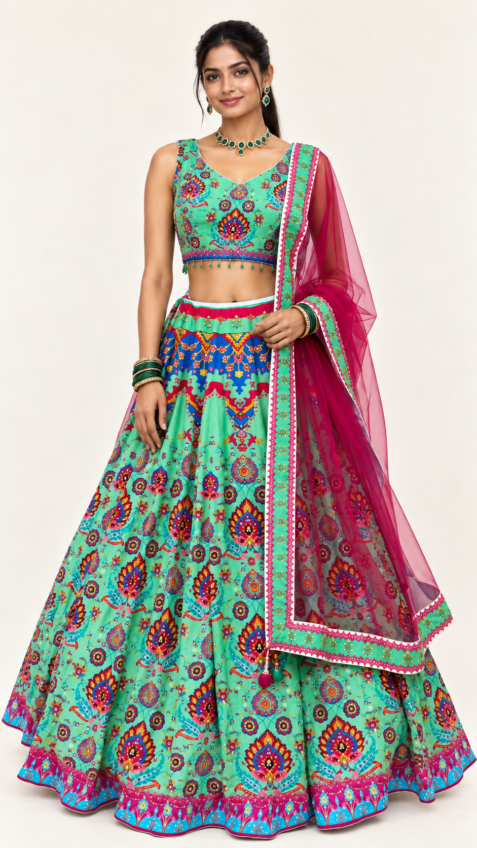Turquoise Printed Fully Flare Crepe Lehenga