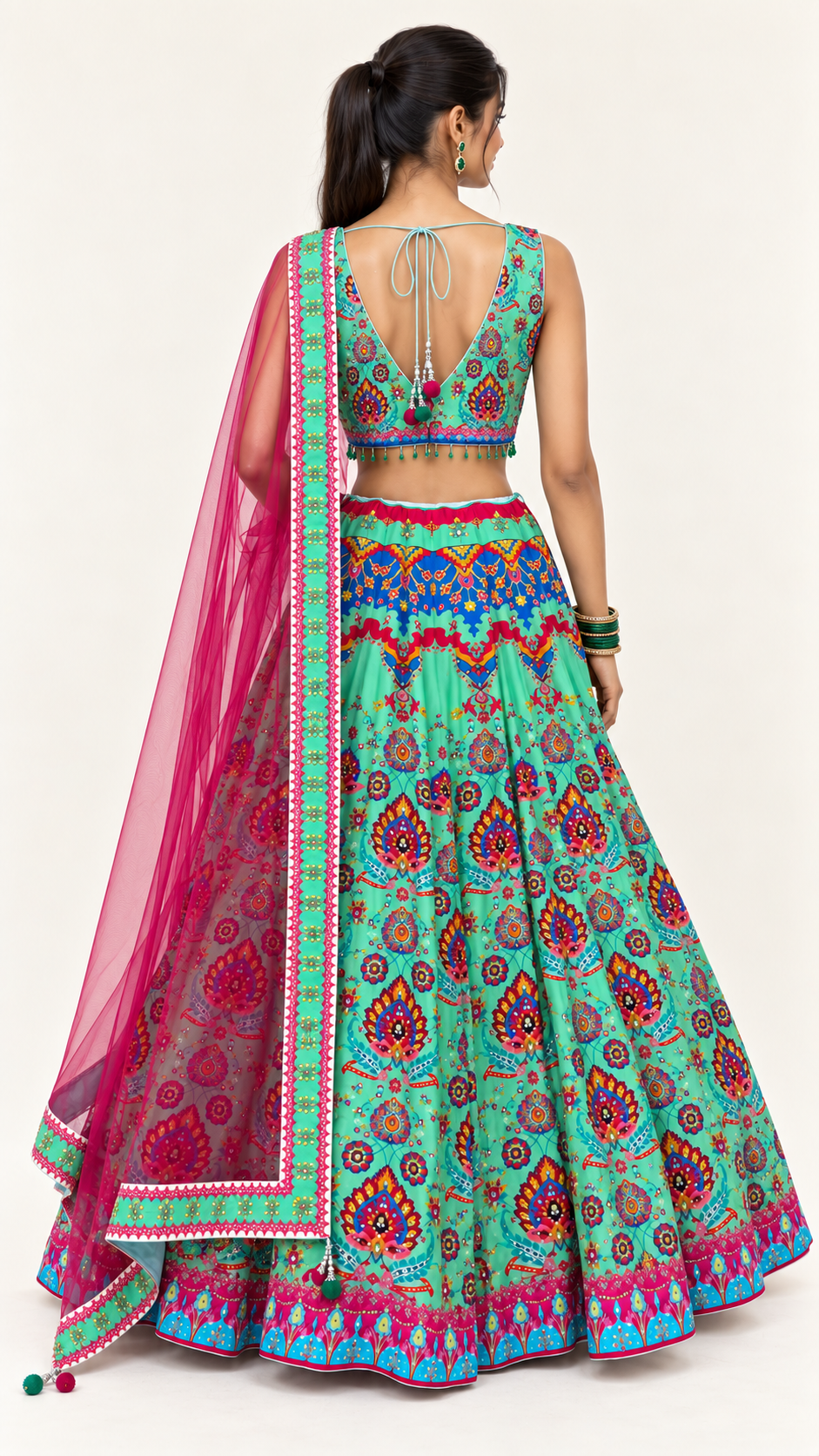 Turquoise Printed Fully Flare Crepe Lehenga