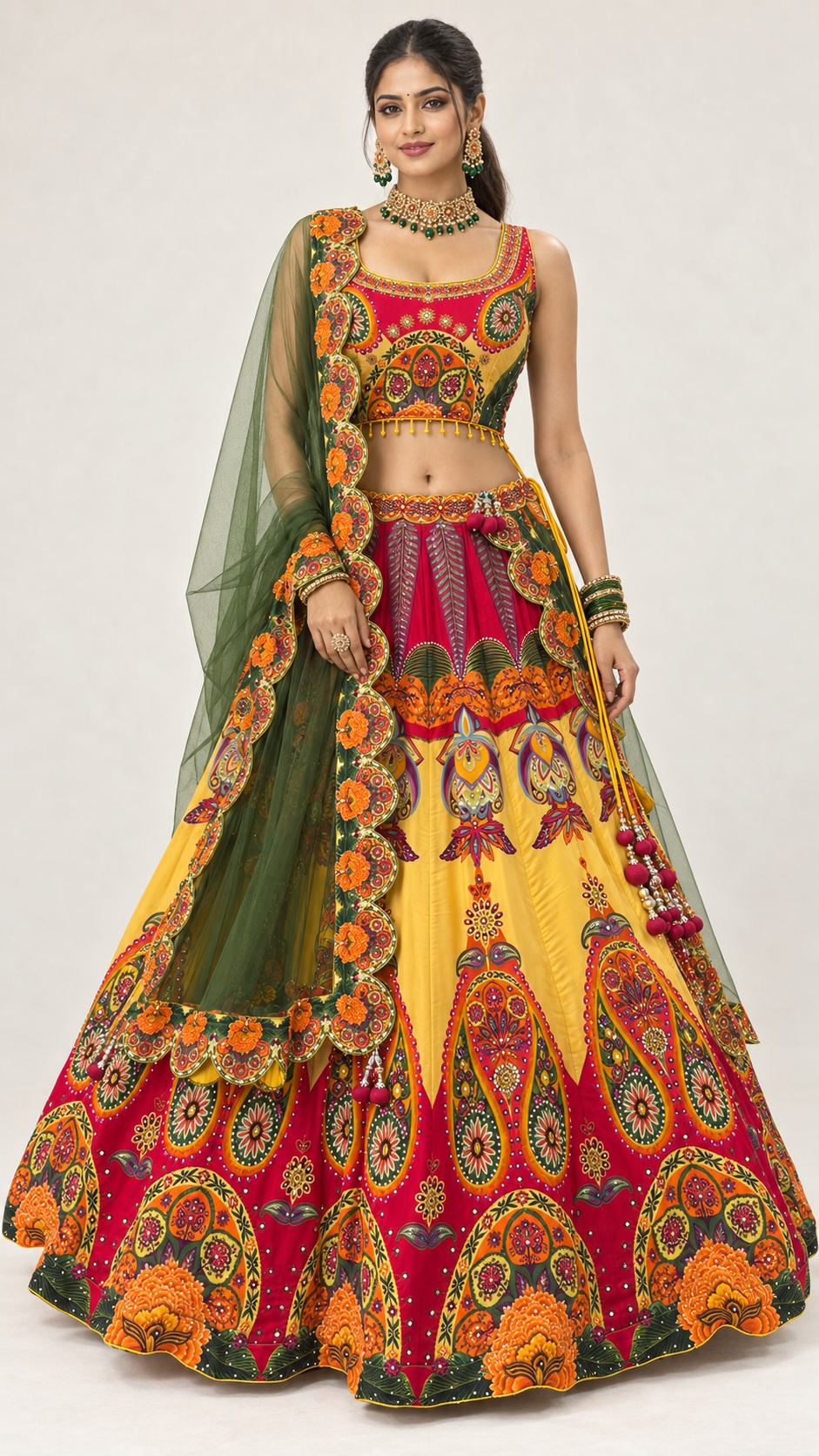 Yellow Multi Colour Printed Fully Flare Crepe Lehenga