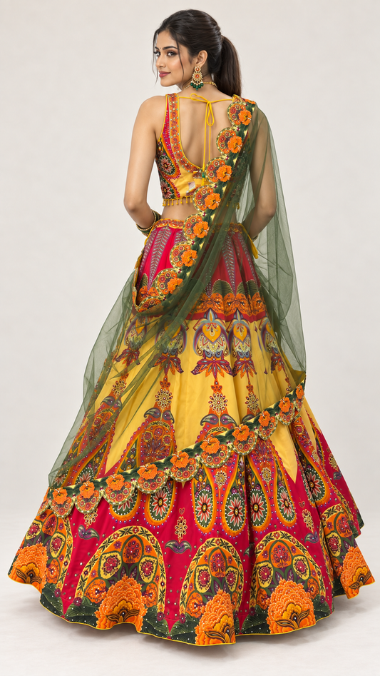 Yellow Multi Colour Printed Fully Flare Crepe Lehenga