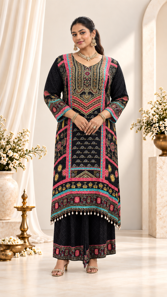 Black Colourful Crepe Sharara Set