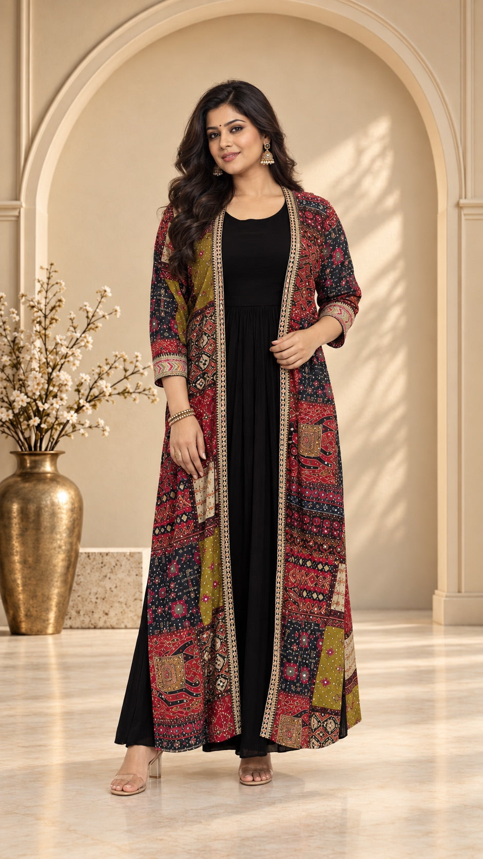 Black Printed Anarkali with Long Jacket Set