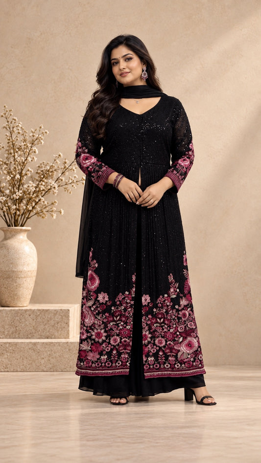 Black Sequence with Floral Embroidery Punjabi Set