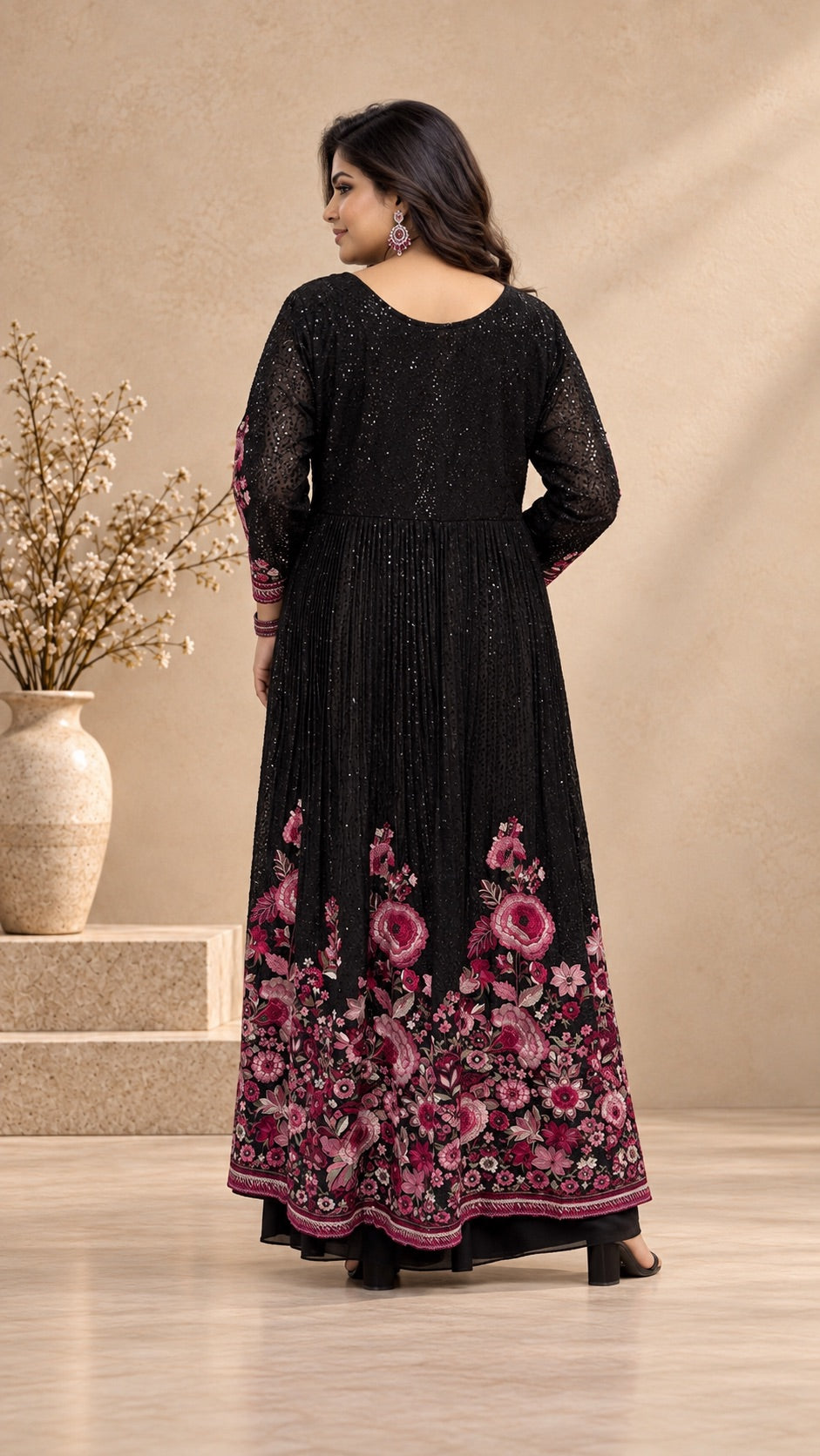 Black Sequence with Floral Embroidery Punjabi Set
