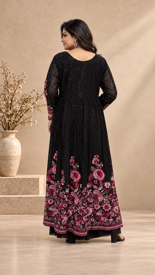 Black Sequence with Floral Embroidery Punjabi Set