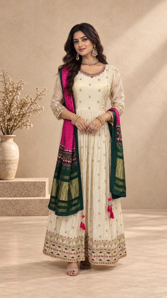 Cream Embroidery Anarkali set