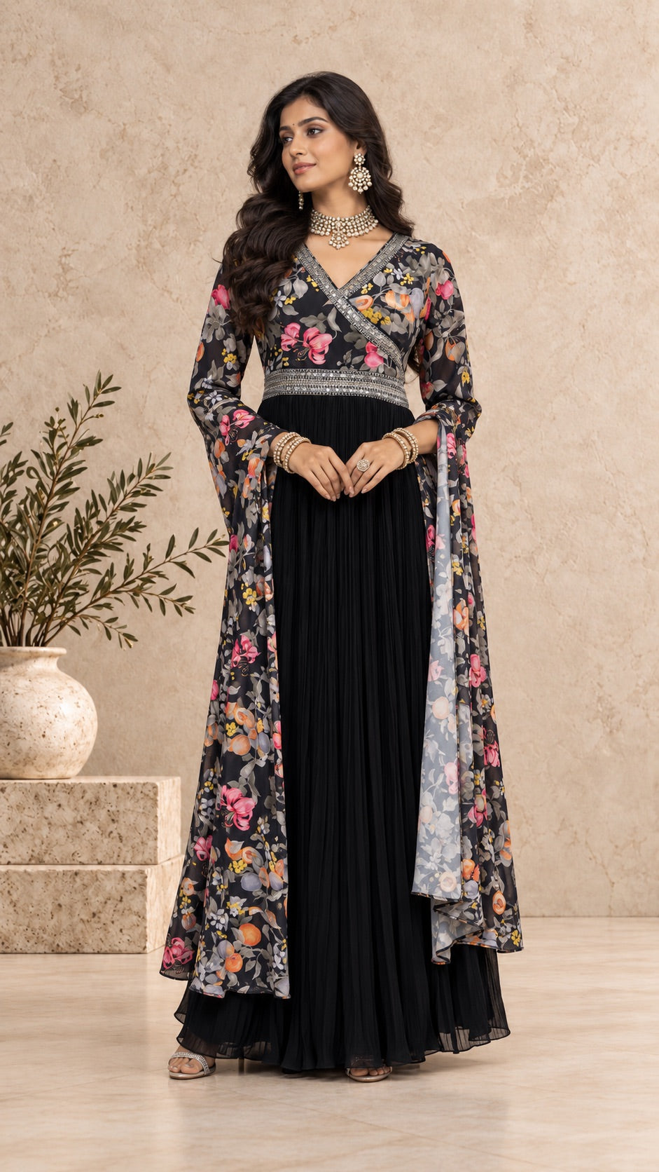 Black Printed Sleeves Anarkali