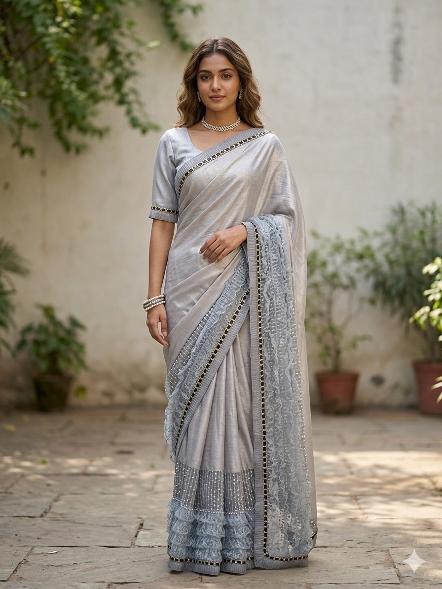 Grey Lace and Net Sari Set