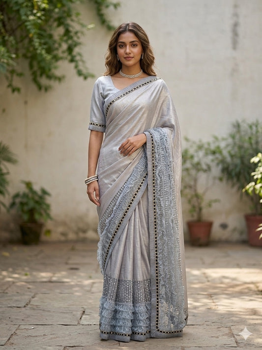 Grey Lace and Net Sari Set