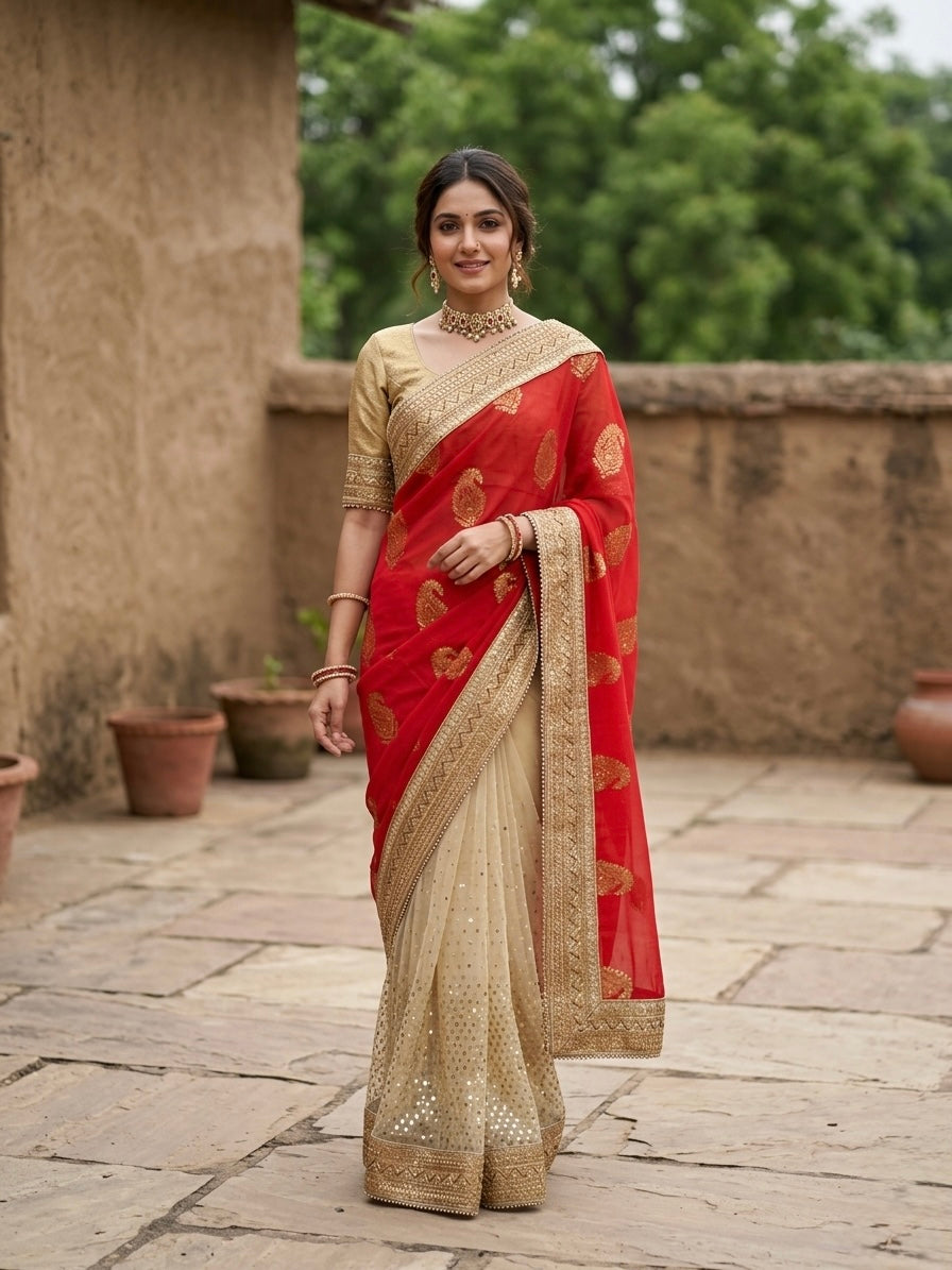 Red Georgette and Net Sari Set