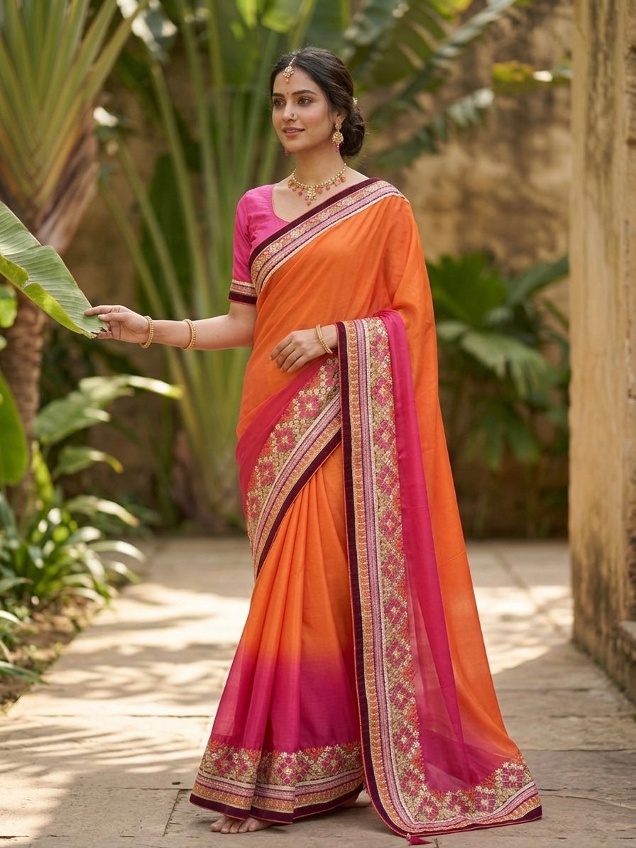 Ombre Orange & Pink Sari Set