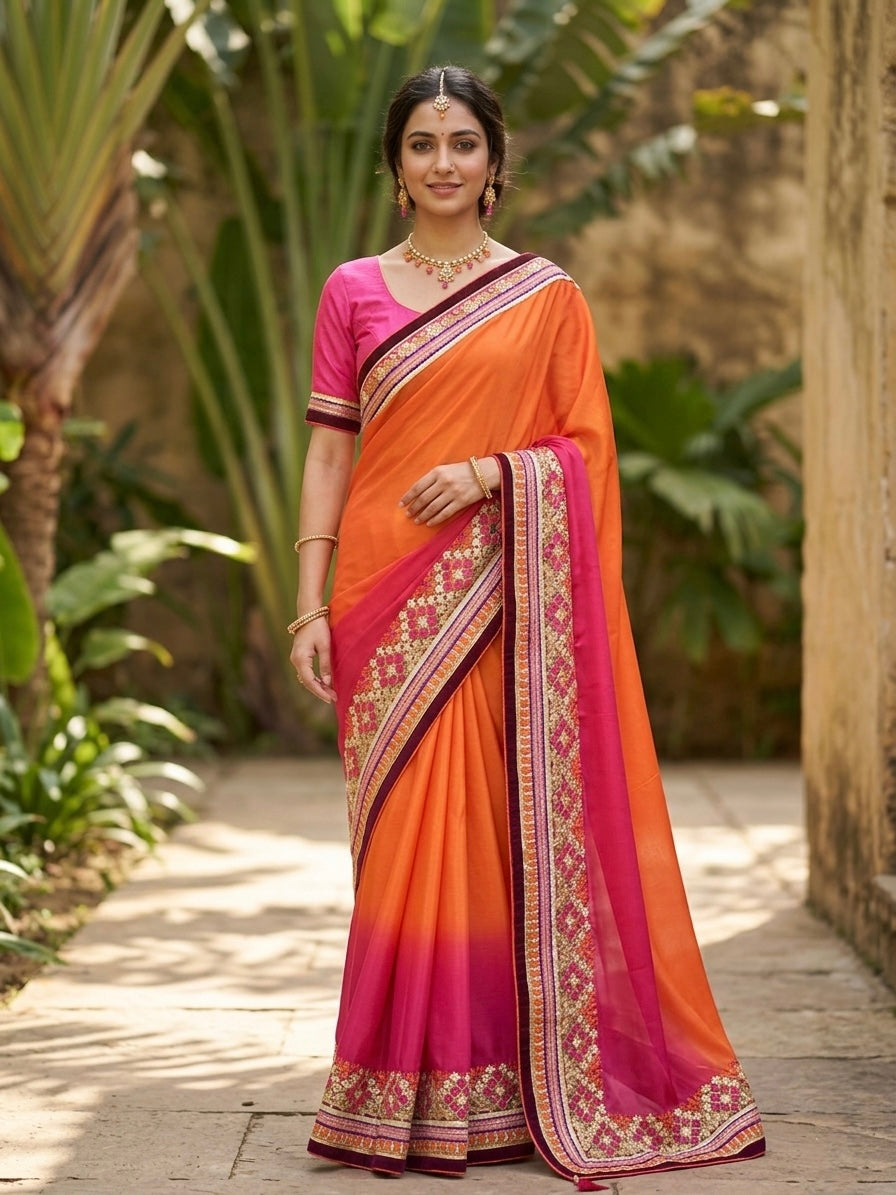 Ombre Orange & Pink Sari Set