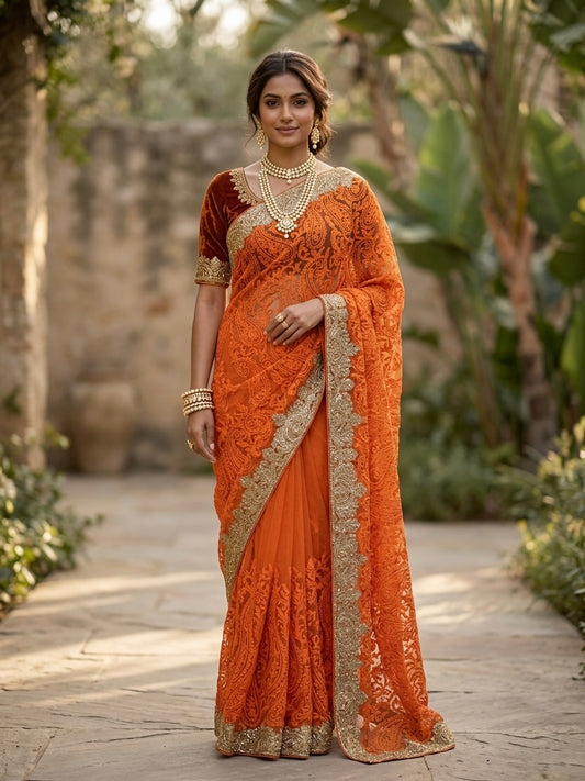 Orange Embroidery Sari Set
