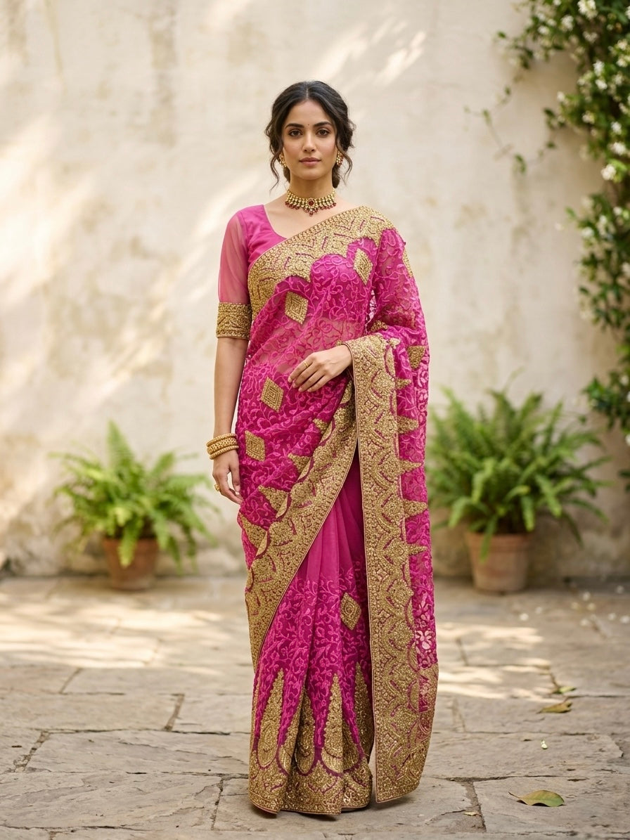 Rani Pink & Gold Embroidery Sari Set
