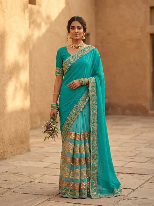 Blue Chiffon with Net Embroidery Sari Set
