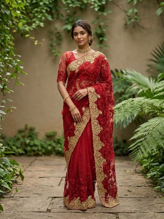 Deep Red Net Embroidery Sari Set