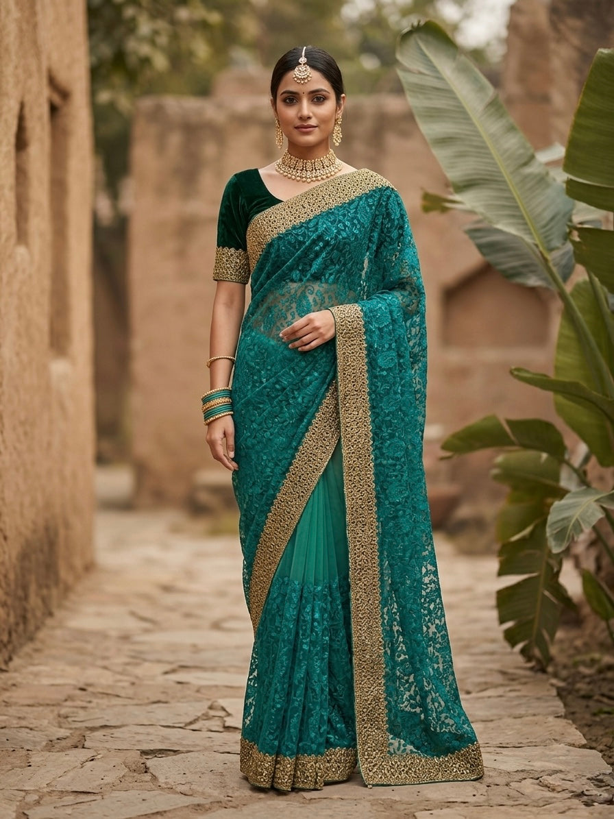 Blue Turquoise with Swarovski Stone Work Net Embroidery Sari Set