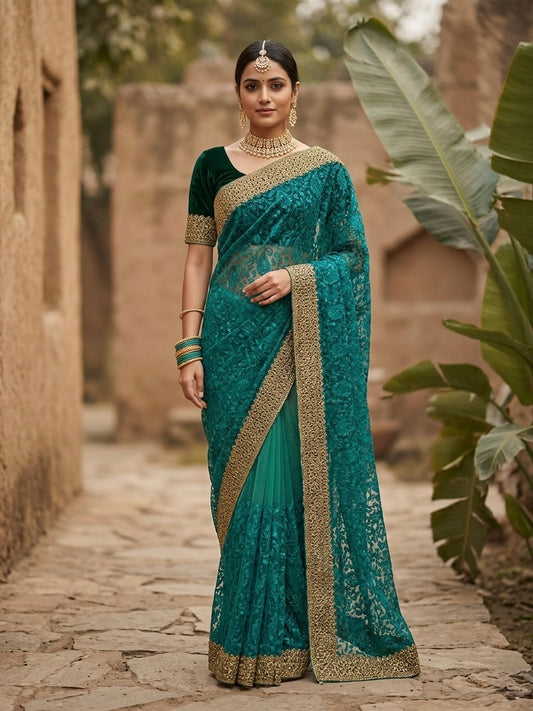 Blue Turquoise with Swarovski Stone Work Net Embroidery Sari Set